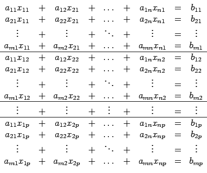 \begin{displaymath}\begin{array}{cccccccccc} a_{11}x_{11} & + & a_{12}x_{21} & +...
...{2p} & + & \dots & + & a_{mn}x_{np} & = & b_{mp} \end{array}\end{displaymath}