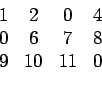 \begin{displaymath}\begin{array}{cccc} 1 & 2 & 0 & 4  0 & 6 & 7 & 8  9 & 10 & 11 & 0 \end{array}\end{displaymath}