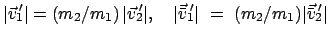 $\displaystyle \vert \vec v_{1}{\hspace{-1mm}'} \vert = (m_{2}/m_{1})   \vert \...
...1mm}'} \vert
 =  (m_{2}/m_{1}) \vert \vec{\bar v}_{2}{\hspace{-1mm}'} \vert
$