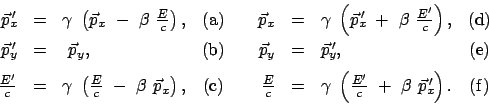 \begin{displaymath}\begin{array}{rclcrclc} \vec{p}_x{\!\!'} & = & \gamma \left...
... + \beta \vec{p}_x{\!\!'}\right). & \mbox{(f)} \end{array}\end{displaymath}