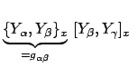 $\displaystyle \underbrace{\{ Y_\alpha , Y_\beta \}_x}_{ = g_{ \alpha\beta}}  [ Y_\beta , Y_\gamma]_x  $